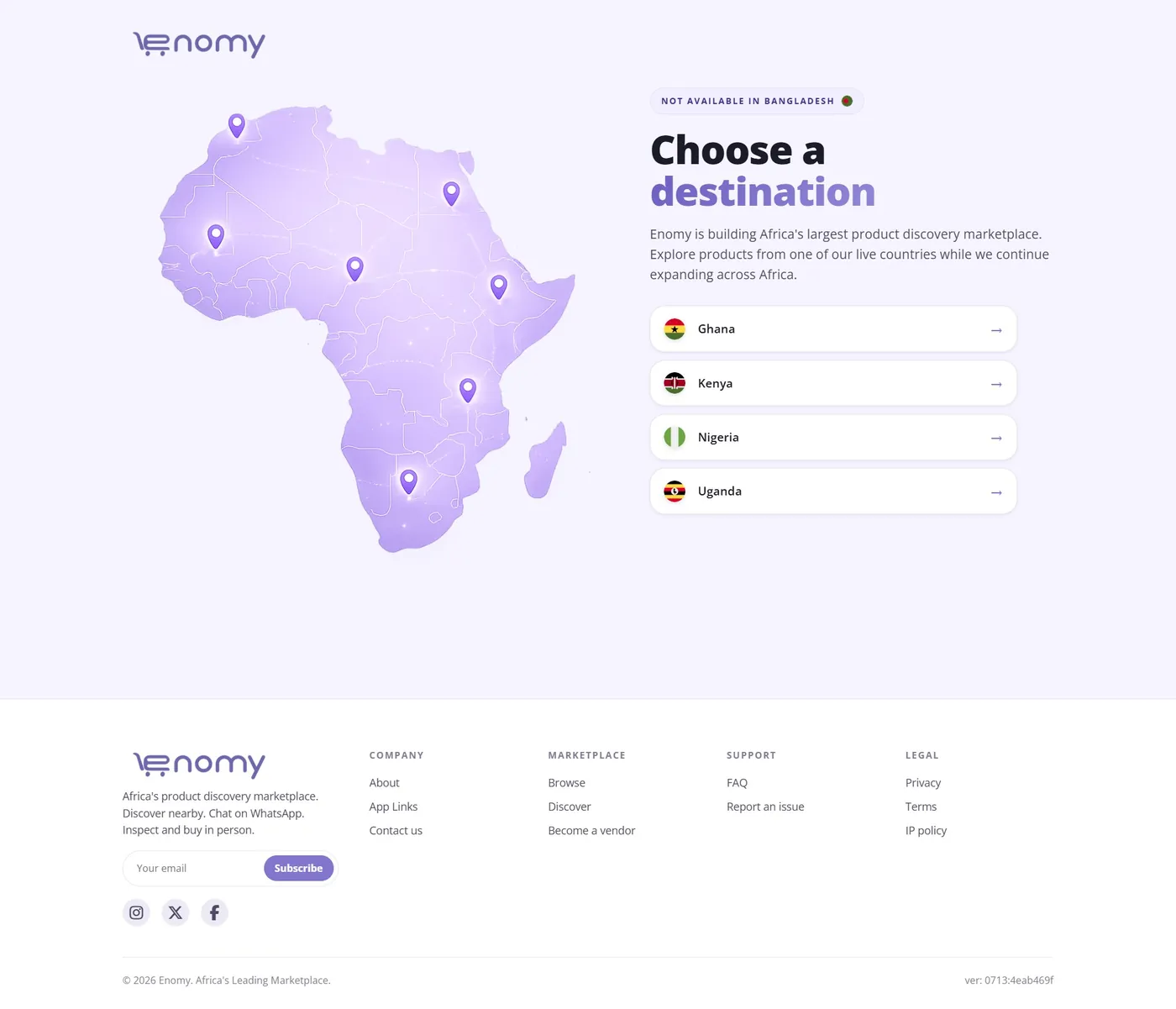 Enomy region selection page — choose a destination country